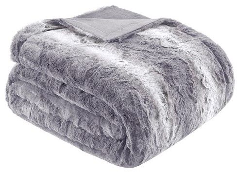 Olliix by Madison Park Zuri Grey 96x80" Polyester Faux Tip Dyed Brushed Fur Oversized Bed Throw-0