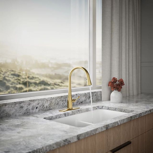 KOHLER® Simplice® Vibrant Brushed Moderne Brass Pull-Down Kitchen Sink Faucet with Three-Function Sprayhead-3