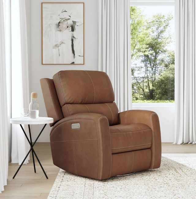 Flexsteel® Linden Caramel Leather Power Swivel Gliding Recliner with Power Headrest, Lumbar, Heat and Massage-1