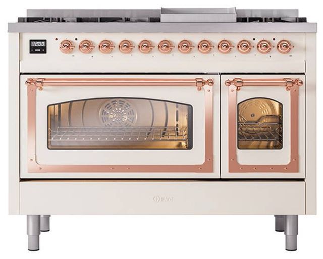Ilve® Nostalgie II Noblesse 48'' Antique White Pro Style Dual Fuel Range with Copper Trim-1