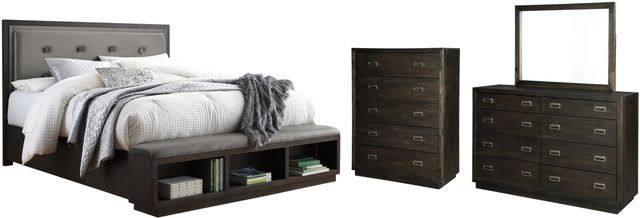 Signature Design by Ashley® Hyndell 4-Piece Dark Brown Queen Upholstered Panel Bed Set-0