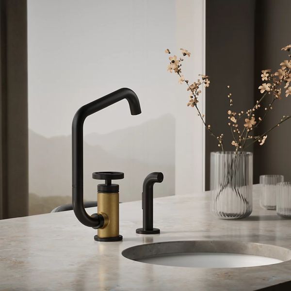 KOHLER® Billet® Brushed Moderne Brass/Matte Black Single Round-Handle Bar Sink Faucet with 2-Function Extended-Reach Spout and Side Sprayer-1