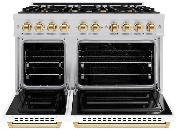 ZLINE Classic Series Autograph Edition 48" Stainless Steel Pro Style Dual Fuel Range with White Matte Door and Polished Gold Accents-3