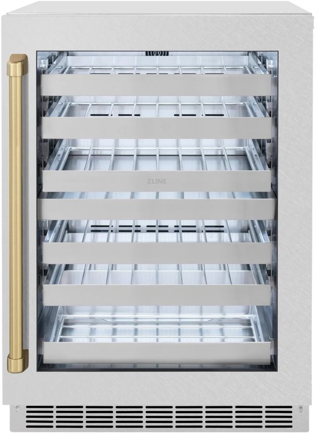 ZLINE Autograph Edition Touchstone 24" 4.8 Cu. Ft. Satin Stainless Steel Wine Cooler with Glass Door and Champagne Bronze Handle-0
