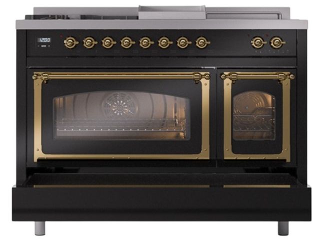 Ilve® Nostalgie II Noblesse 48'' Glossy Black Pro Style Dual Fuel Range with Brass Trim-3