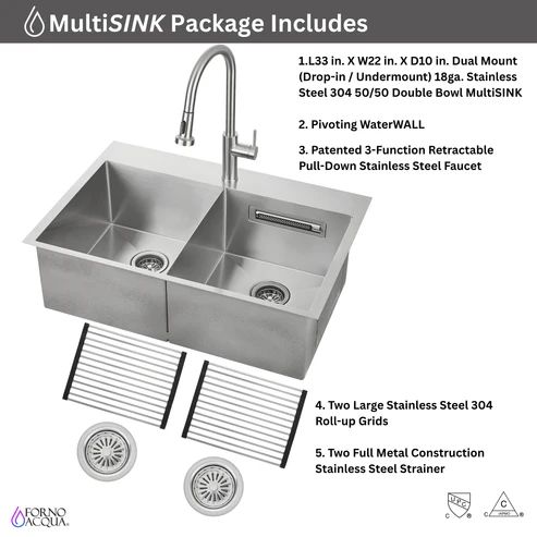 Forno Acqua MultiSINK Stainless Steel 33" Dual Mount Double Bowl Sink with Faucet and Waterfall-2