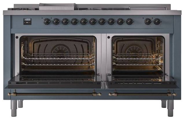 Ilve® Nostalgie II Noblesse 60'' Blue Gray Pro Style Dual Fuel Range with Burnished Trim-1