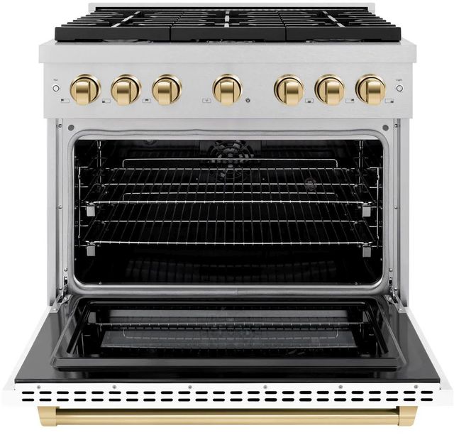 ZLINE Autograph Edition Paramount 36" Satin Stainless Steel Pro Style Dual Fuel Range with White Matte Door and Polished Gold Accents-1