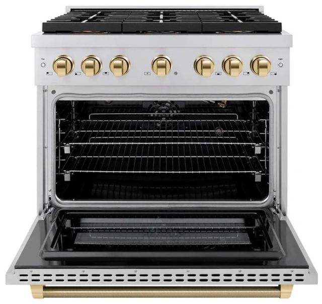ZLINE Autograph Edition Paramount 36" 5.2 Cu. Ft. Stainless Steel Gas Range with 6 Burner DuoPro™ Cooktop and Convection Gas Oven with Champagne Bronze Helix Handle and Accents-1