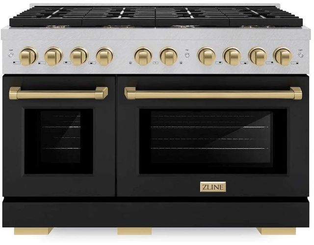 ZLINE Autograph Edition Paramount 48" Satin Stainless Steel Pro Style Gas Range with Black Matte Door and Champagne Bronze Accents-0