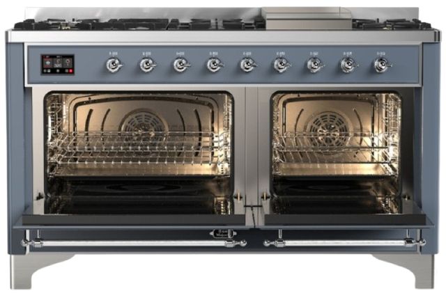 Ilve® Majestic III 60" Blue Gray Pro Style Dual Fuel Natural Gas Range with Solid Door and Chrome Trim-1