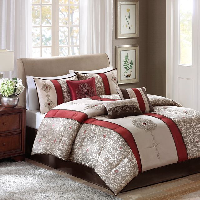 Olliix by Madison Park 7 Piece Red King Donovan Jacquard Comforter Set-1