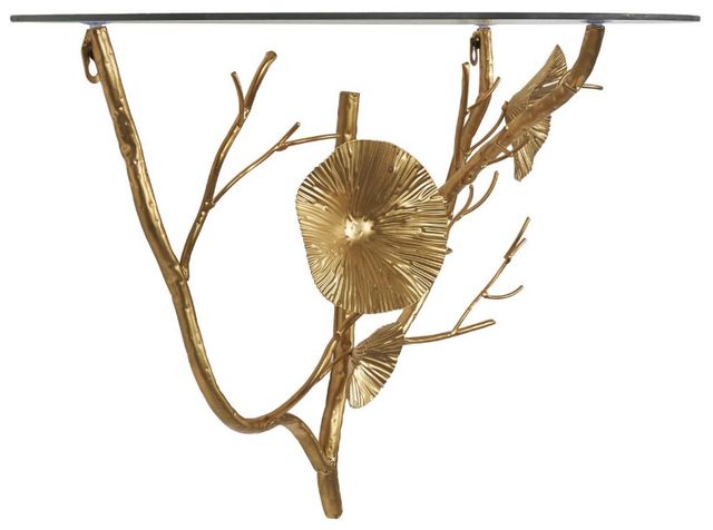 Deco Marche Gold Floral Branch Wall Shelf with Glass Top-1