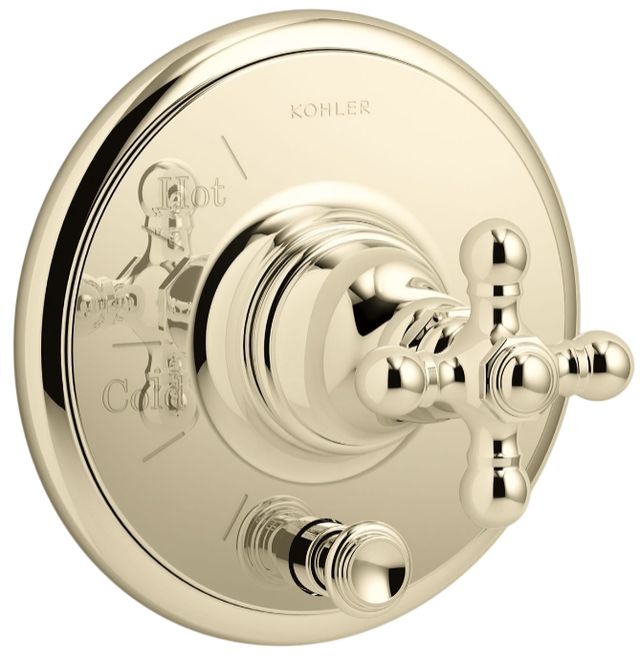 KOHLER® Artifacts® Rite-Temp® Vibrant French Gold Valve Trim with Push-Button Diverter and Cross Handle-0