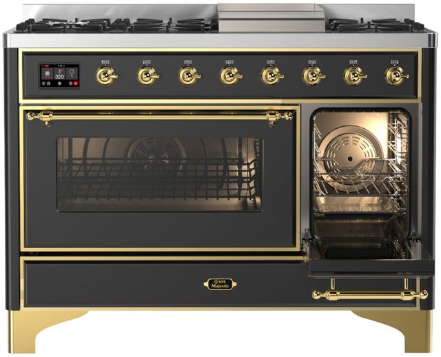 Ilve® Majestic III 48" Graphite Matte Pro Style Dual Fuel Liquid Propane Range with Triple Glass Door and Brass Trim-1