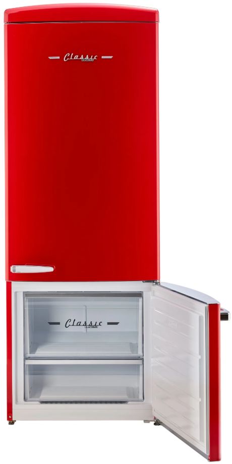 Unique Appliances 28” 17 Cu. Ft. Candy Apple Red Bottom Freezer Refrigerator with Chrome Accent Handles-4