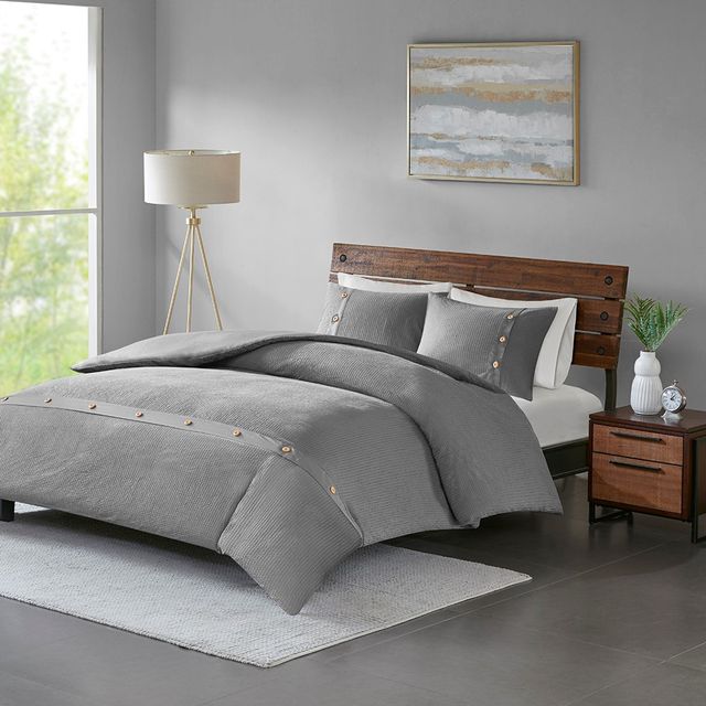 Olliix by Madison Park 3 Piece Grey Full/Queen Finley Cotton Waffle Weave Duvet Cover Set-1