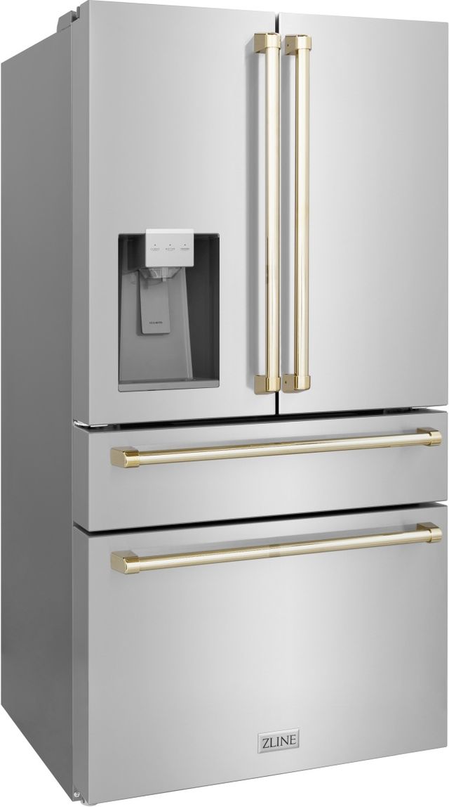 ZLINE Autograph Edition 36" 21.6 Cu. Ft. Fingerprint Resistant Stainless Steel Counter Depth French Door Refrigerator with Water/Ice Dispenser and Polished Gold Traditional Handles-3