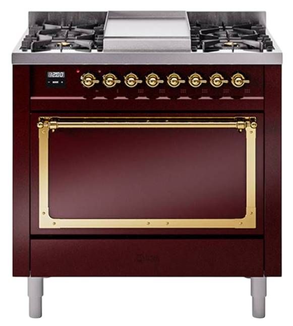 Ilve® Nostalgie II Noblesse 36'' Burgundy Pro Style Dual Fuel Range with Brass Trim-0