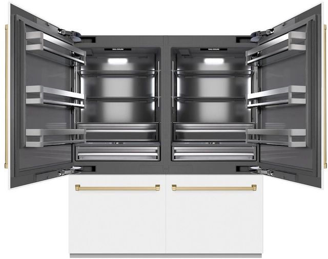 ZLINE Autograph Edition 72" 39.6 Cu. Ft. White Matte Built-In French Door Refrigerator with Water Dispensers, Ice Makers, and Champagne Bronze Accents-1