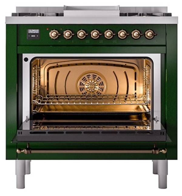 Ilve® Nostalgie II Noblesse 36'' Emerald Green Pro Style Dual Fuel Range with Burnished Trim-1