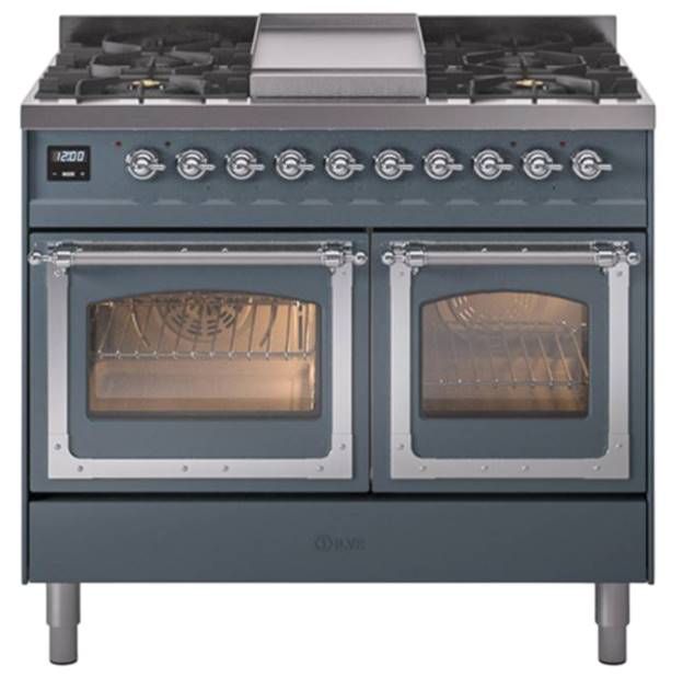 Ilve® Nostalgie II Noblesse 40'' Blue Gray Pro Style Dual Fuel Range with Chrome Trim-0