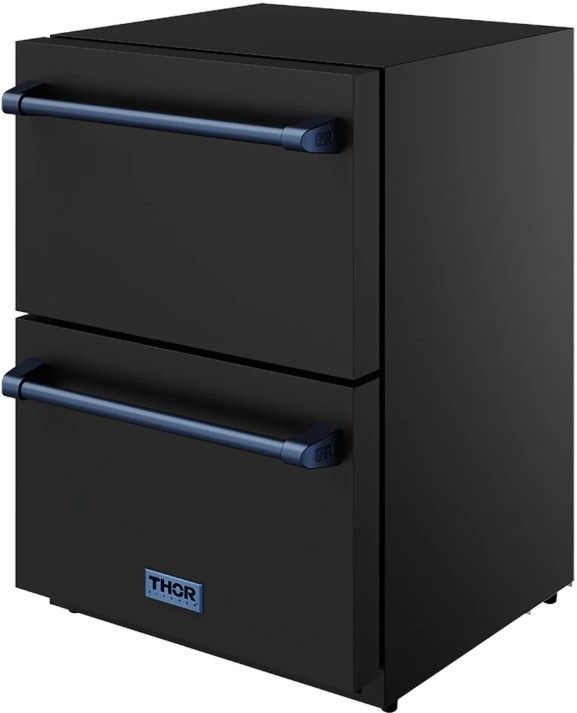 Thor Kitchen Gordon Ramsay Collection 24” 5.4 Cu. Ft. Anti-Fingerprint Black Built-In or Freestanding Under the Counter Refrigerator Drawer with Blue Handle-3