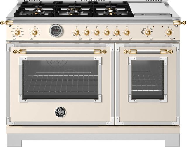 Bertazzoni Heritage Series 48" Fingerprint Resistant Avorio Pro Style Gas Range with Gold Accents-0