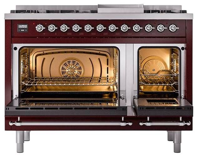Ilve® Nostalgie II Noblesse 48'' Burgundy Pro Style Dual Fuel Range with Chrome Trim-2