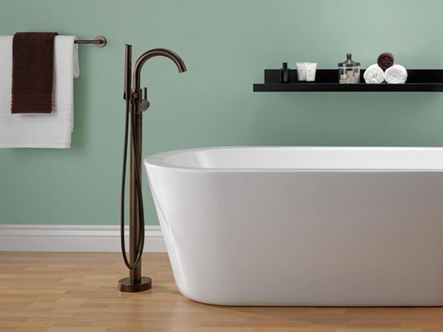Delta Trinsic® Venetian Bronze Single Handle Floor Mount Tub Filler Trim with Hand Shower-3