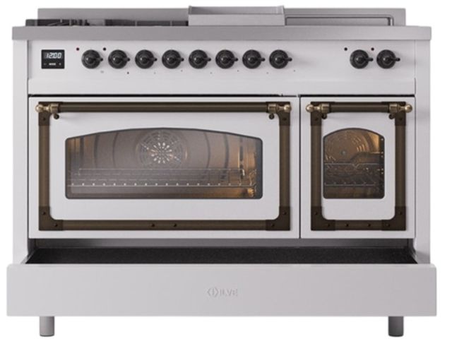 Ilve® Nostalgie II Noblesse 48'' White Pro Style Dual Fuel Range with Burnished Trim-3