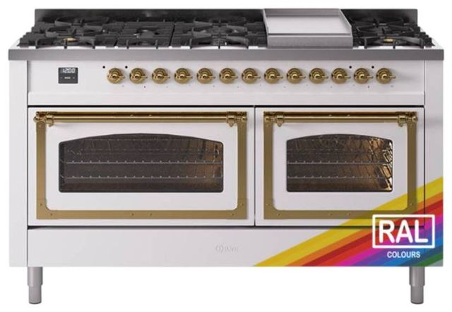 Ilve® Nostalgie II Noblesse 60'' Custom RAL Color Pro Style Dual Fuel Range with Brass Trim-0