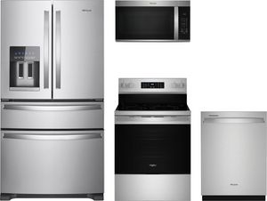 Front view of the Whirlpool® 4 Piece Stainless Steel Kitchen Package