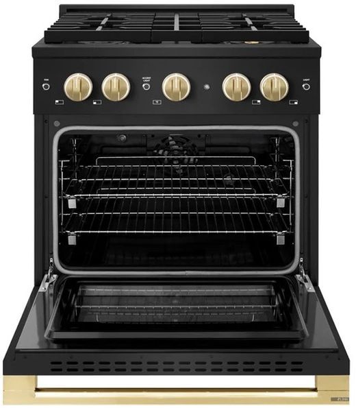 ZLINE Marino 30" Black Stainless Steel Pro Style Dual Fuel Range with 4-Burner DuoPro™ Cooktop and Electric Convection Oven and Polished Gold Accents-1
