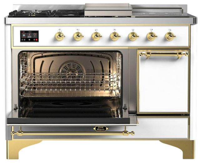 Ilve® Majestic III 48" White Pro Style Dual Fuel Natural Gas Range with Solid Door and Brass Trim-3