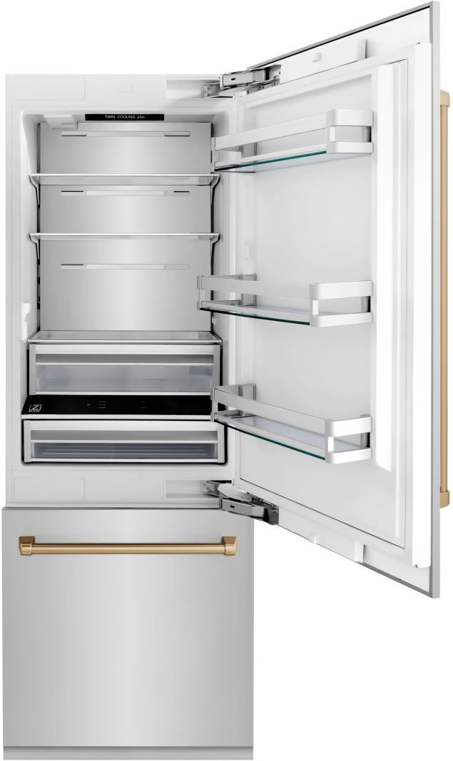 ZLINE Autograph Edition 30" 16.1 Cu. Ft. Stainless Steel Bottom Freezer Refrigerator with Water Dispenser and Ice Maker in Champagne Bronze Accents-2