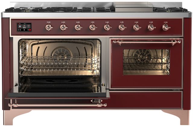 Ilve® Majestic III 60" Burgundy Pro Style Dual Fuel Liquid Propane Range with Triple Glass Door and Copper Trim-2