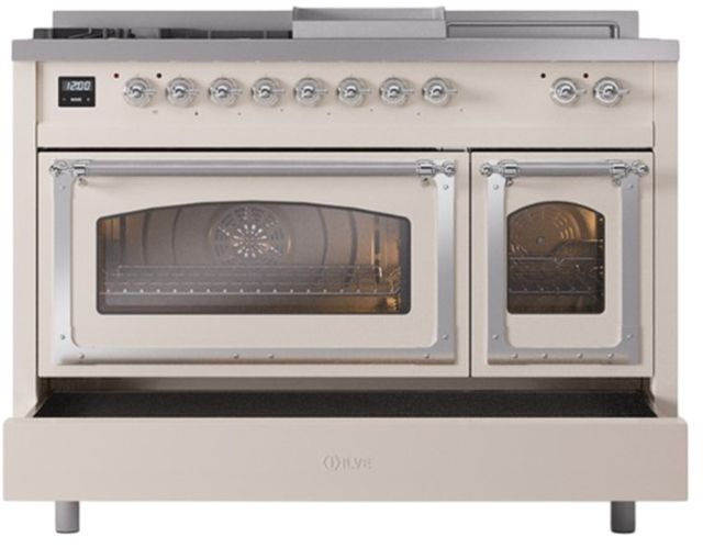 Ilve® Nostalgie II Noblesse 48'' Antique White Pro Style Dual Fuel Range with Chrome Trim-3