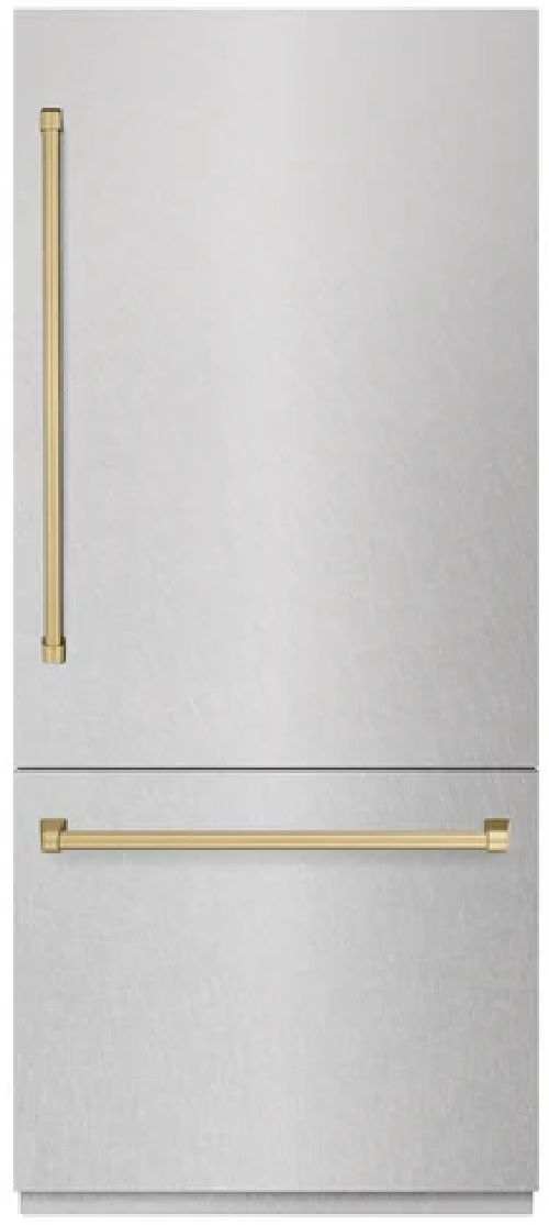 ZLINE Autograph Edition 36" 19.8 Cu. Ft Satin Stainless Steel Built-In Bottom Freezer Refrigerator with Graphite Gray Interior  Champagne Bronze Accents-0