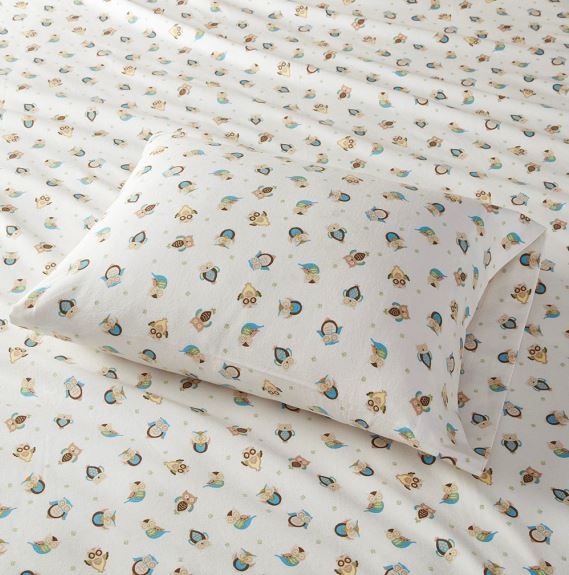 Olliix by True North by Sleep Philosophy Cozy Flannel Sand Owls Queen 100% Cotton Printed Sheet Set-3