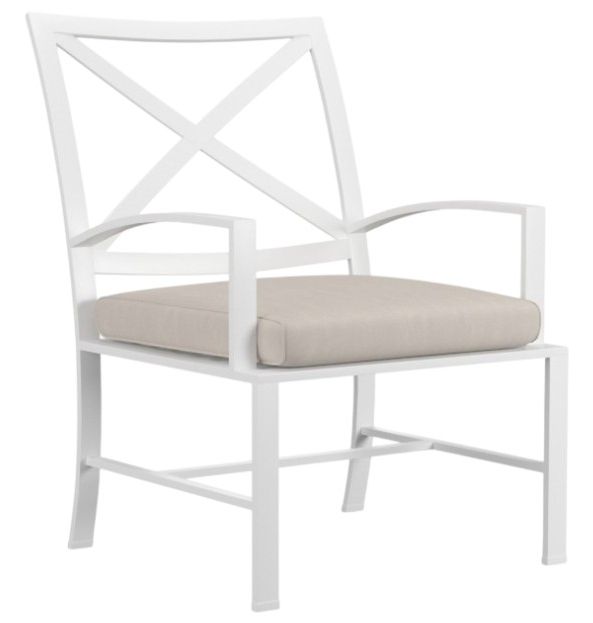 Sunset West Bristol Satin White Aluminum Outdoor Dining Arm Chair with Canvas Flax Cushion-0