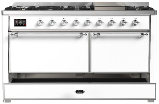 Ilve® Majestic III 60" White Pro Style Dual Fuel Liquid Propane Range with Solid Door and Chrome Trim-2