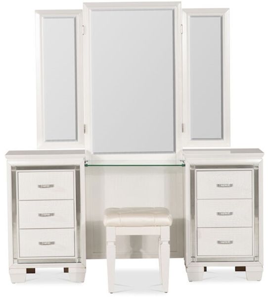 white dresser and vanity UGTOO 51.2" Modern With 6 Drawers & 3 Cabinets, Mdf Makeup Table For Bedroom, Space-Saving Storage Organizer, Easy Assembly It includes 4 drawers with crystal knobs for easy organization ModernLuxe Vanity Desk Dressing Table