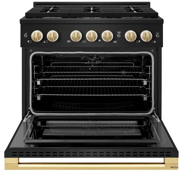ZLINE Marino 36" Black Stainless Steel Pro Style Dual Fuel Range with Polished Gold Accents-1