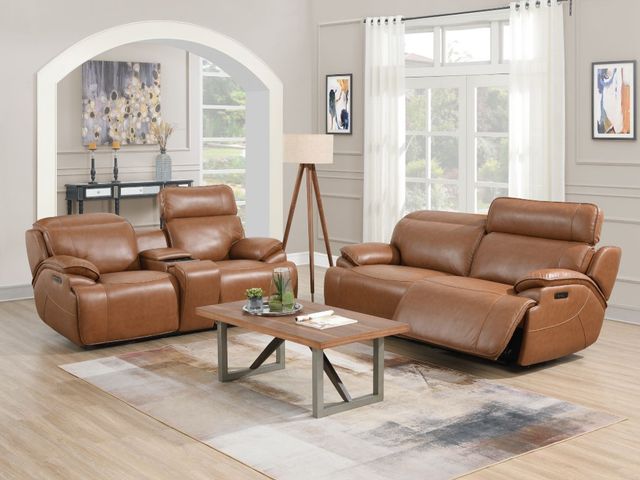 Front view of a sofa set with two leather loveseat recliners