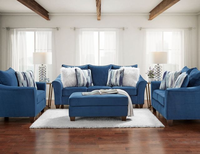 front view of the Affordable Furniture Velour Navy Sofa in a modern living room
