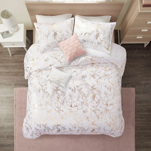 Olliix by Intelligent Design Magnolia Gold Full/Queen Metallic Printed Floral Comforter Set-1