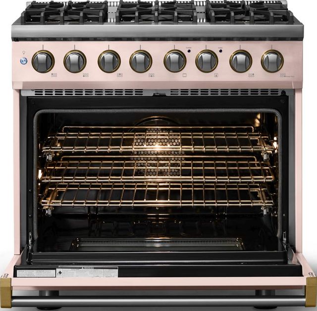 Viking® 5 Series 36" Blush Pro Style Dual Fuel (NG) Range with Brushed Brass Trim-1