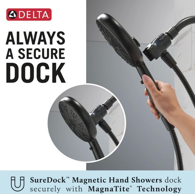 Delta Universal Showering Matte Black 6-Setting SureDock® Magnetic Round Hand Shower-3
