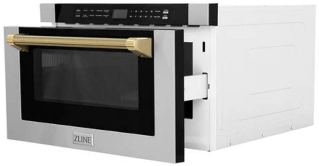 ZLINE Autograph Edition 24" 1.2 Cu. Ft. Stainless Steel Built-in Microwave Drawer with Polished Gold Helix Handle-3